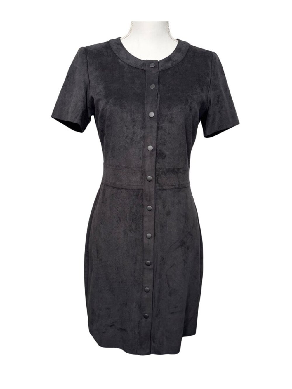 Kenneth Cole Black Faux Suede Short-Sleeve New York Button-Front Dress Soft